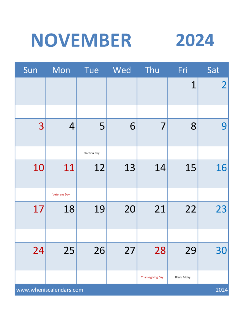 Download Nov 2024 Calendar excel Letter Vertical 114097