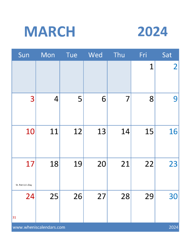 Download Blank Calendar March 2024 Printable Letter Vertical 34098
