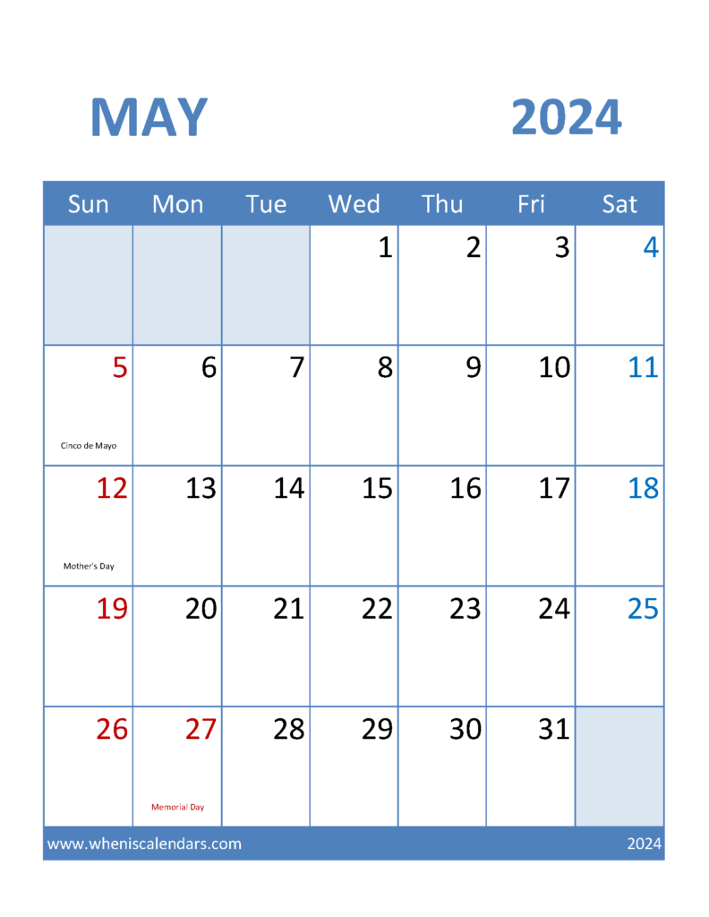 Download Blank Calendar May 2024 Printable Letter Vertical 54098