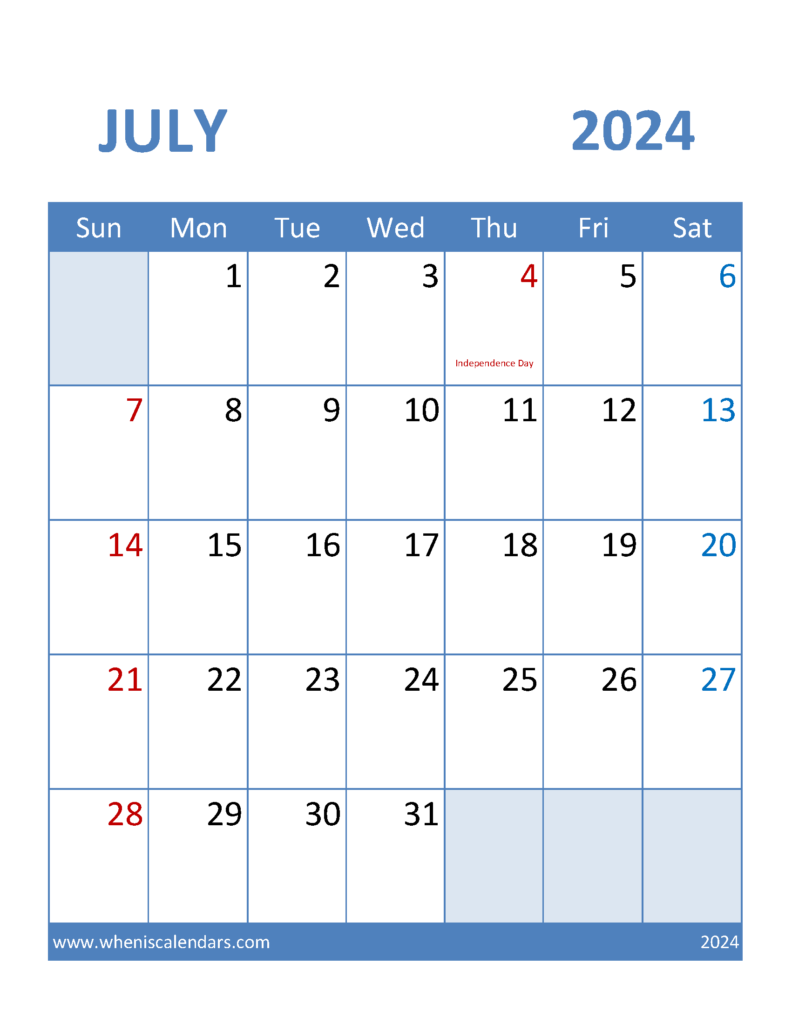Download Blank Calendar July 2024 Printable Letter Vertical 74098