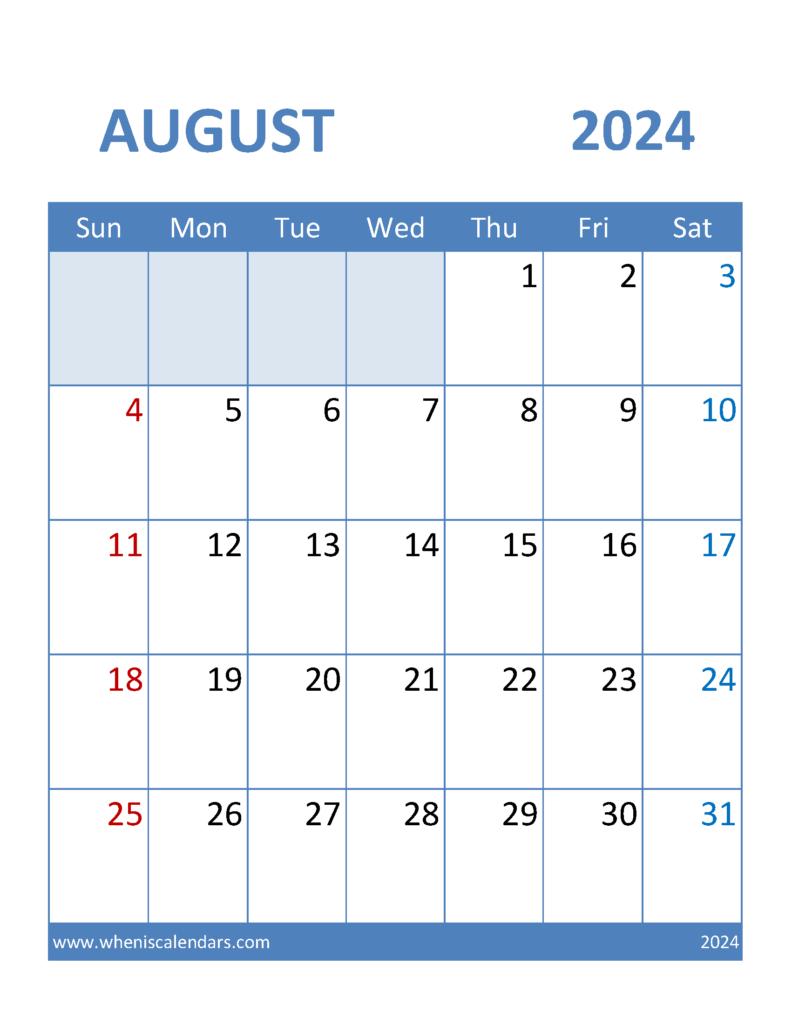 Download Blank Calendar August 2024 Printable Letter Vertical 84098