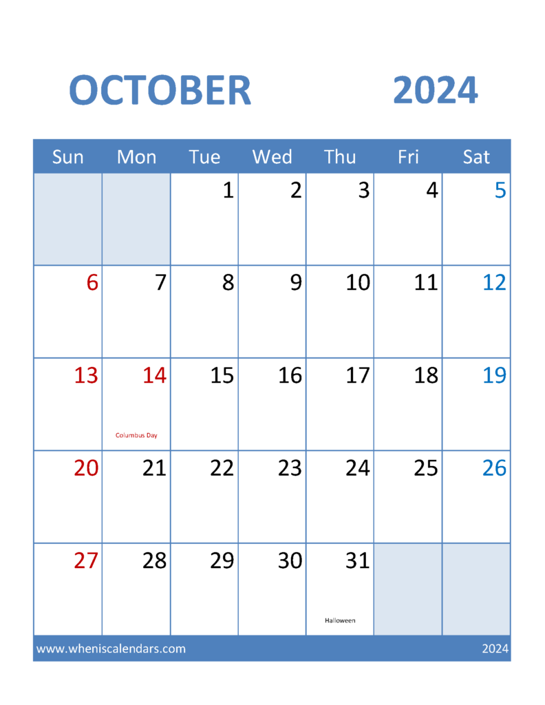 Download Blank Calendar October 2024 Printable Letter Vertical 104098