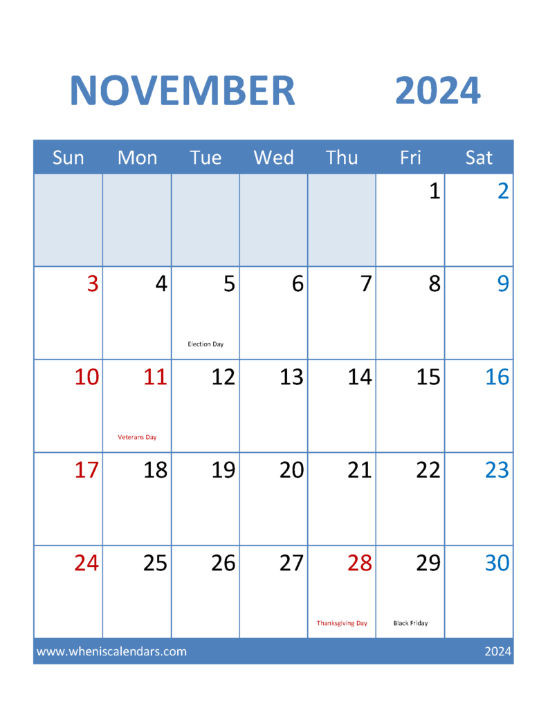 Download Blank Calendar November 2024 Printable Letter Vertical 114098