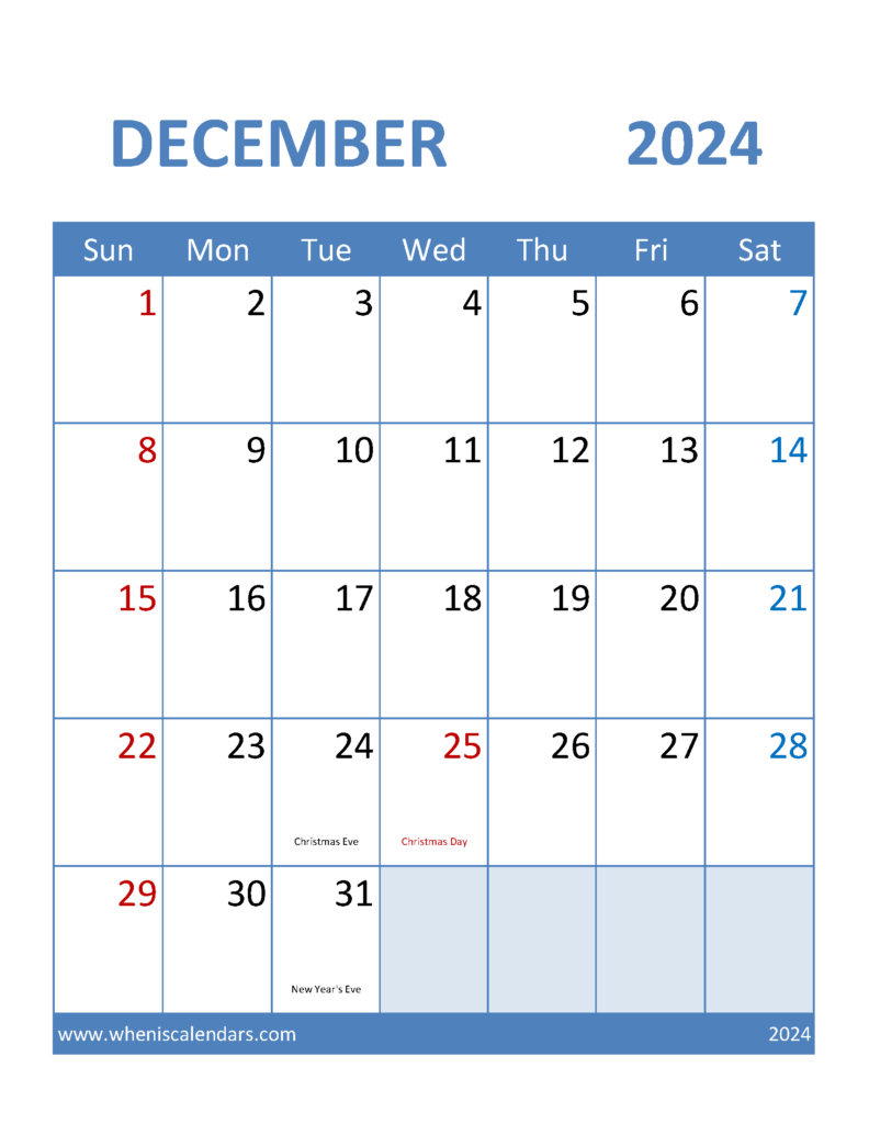 Download Blank Calendar December 2024 Printable Letter Vertical 124098