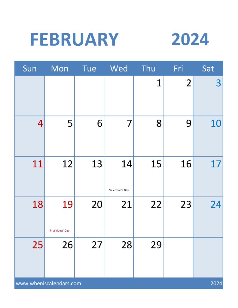 Download Free Printable monthly Calendar February 2024 Letter Vertical 24099