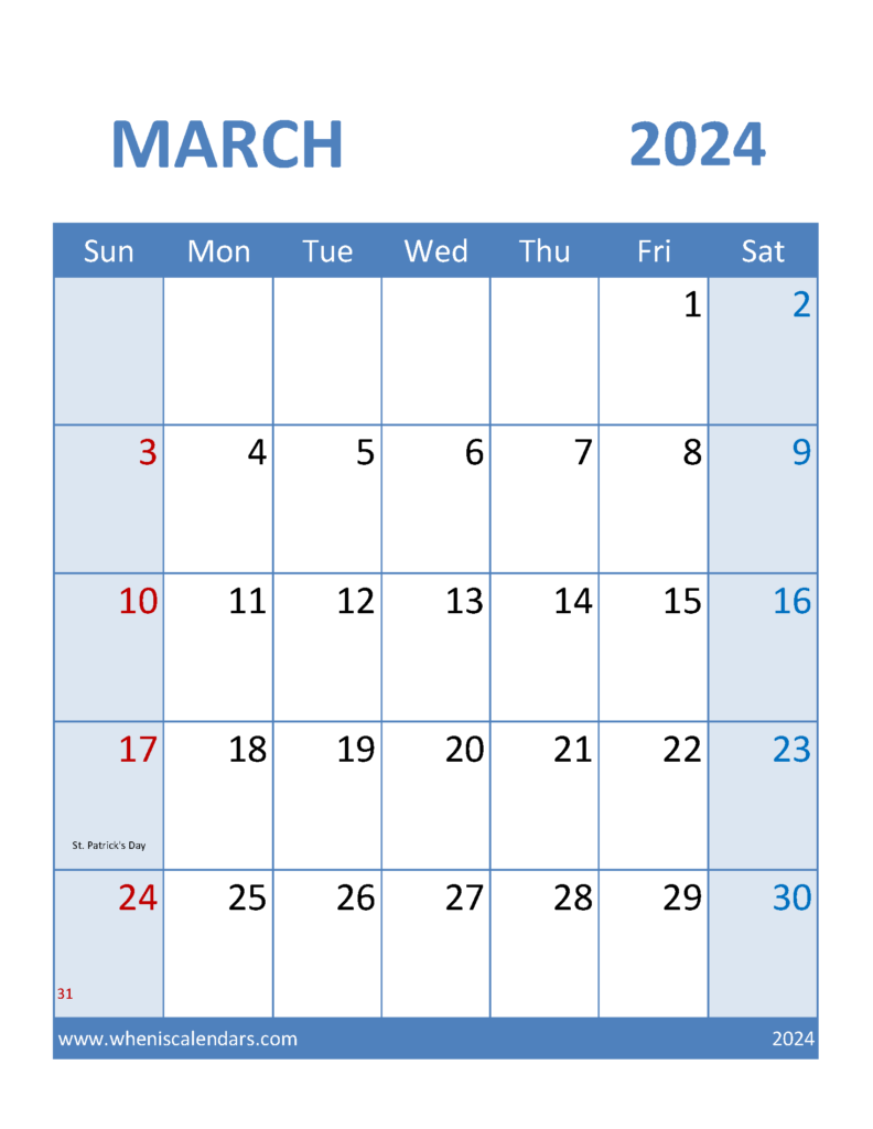 Download Free Printable monthly Calendar March 2024 Letter Vertical 34099