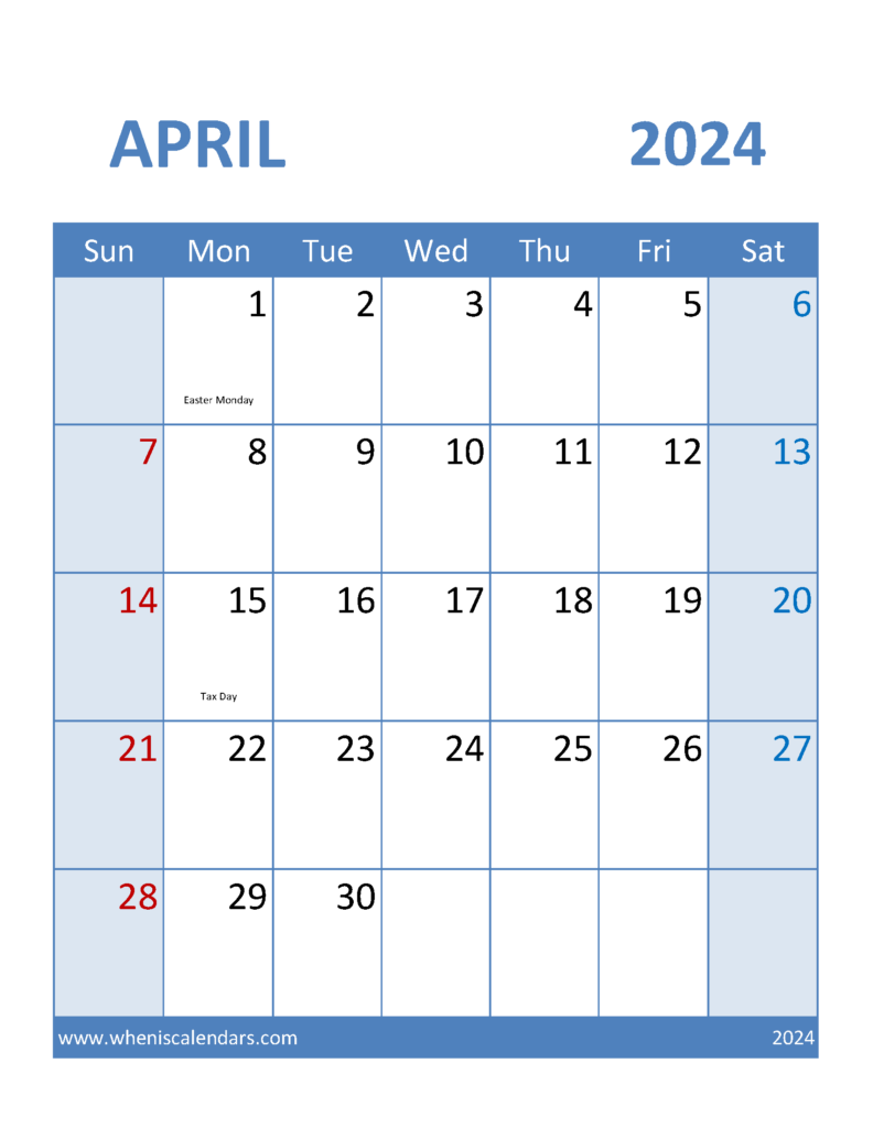 Download Free Printable monthly Calendar April 2024 Letter Vertical 44099