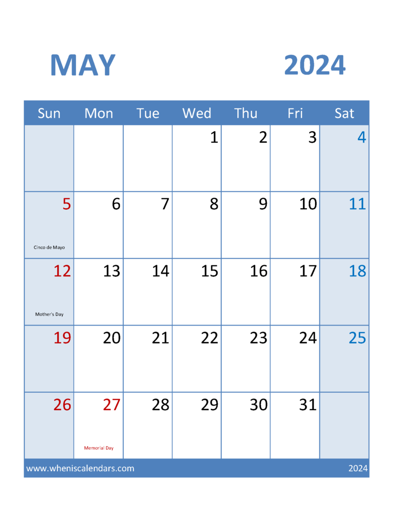 Download Free Printable monthly Calendar May 2024 Letter Vertical 54099