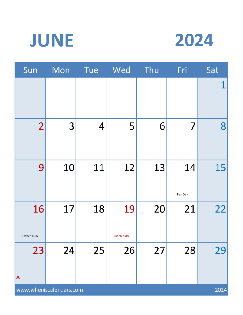 Download Free Printable monthly Calendar June 2024 Letter Vertical 64099