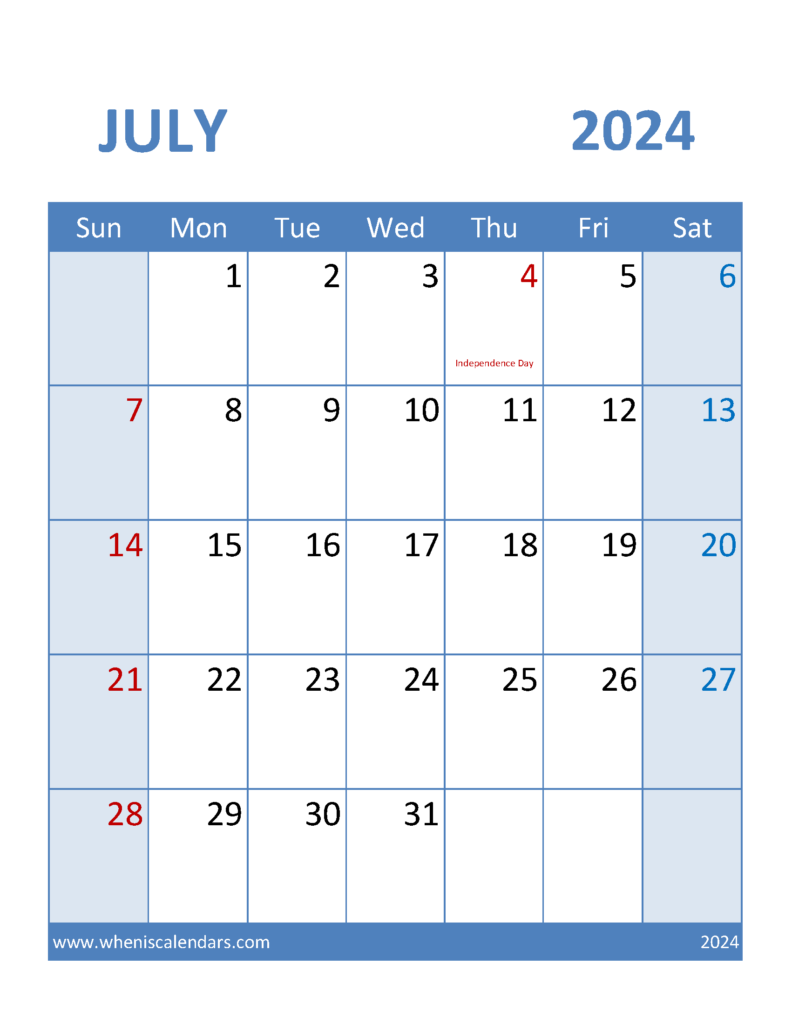 Download Free Printable monthly Calendar July 2024 Letter Vertical 74099