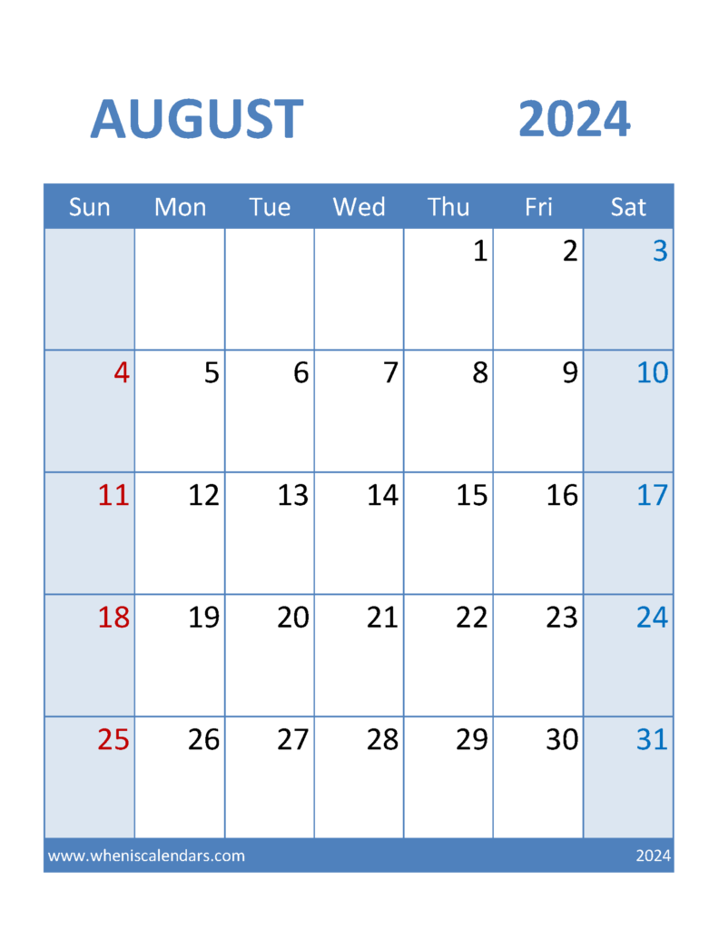 Download Free Printable monthly Calendar August 2024 Letter Vertical 84099
