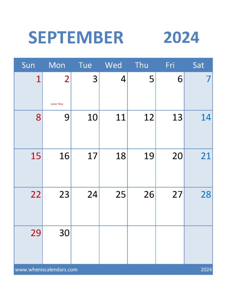 Download Free Printable monthly Calendar September 2024 Letter Vertical 94099