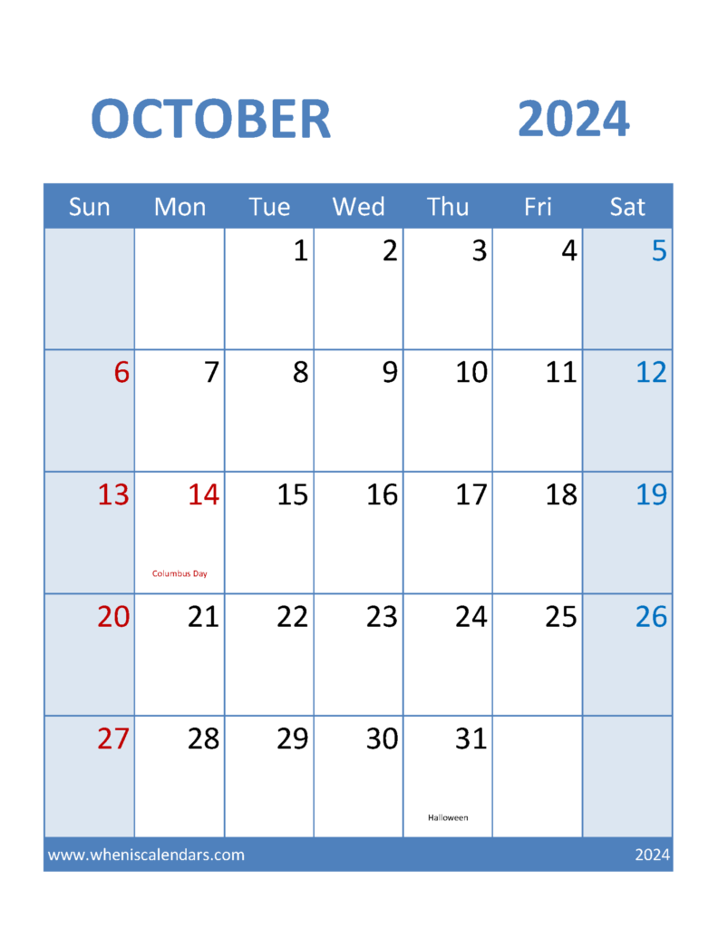 Download Free Printable monthly Calendar October 2024 Letter Vertical 104099