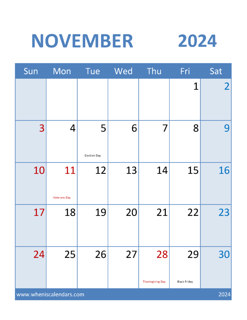 Download Free Printable monthly Calendar November 2024 Letter Vertical 114099