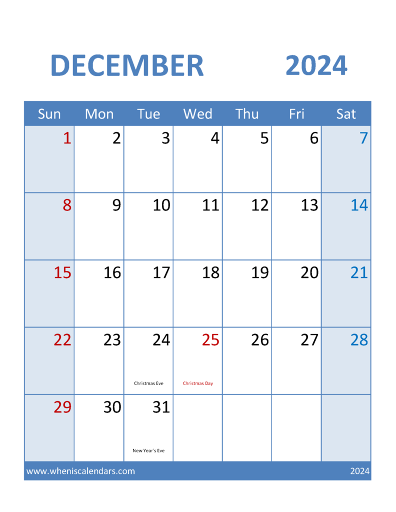 Download Free Printable monthly Calendar December 2024 Letter Vertical 124099