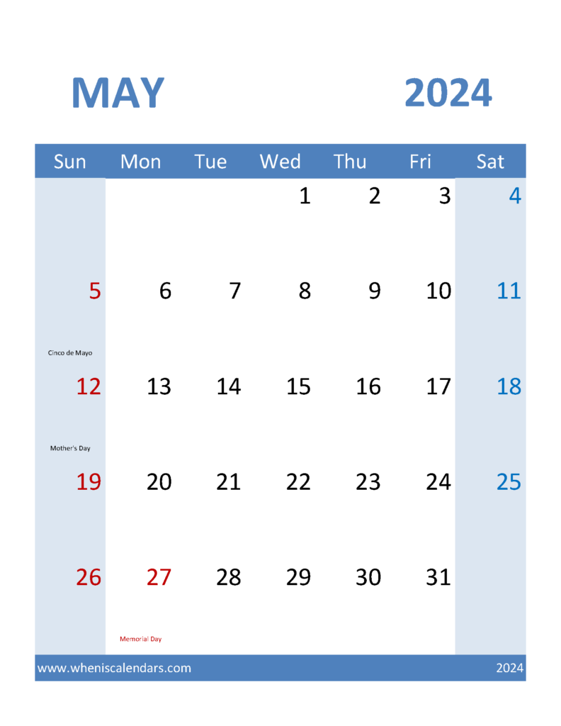 Download May 2024 Blank Calendar Letter Vertical 54100