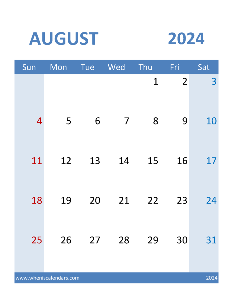 Download Aug 2024 Blank Calendar Letter Vertical 84100