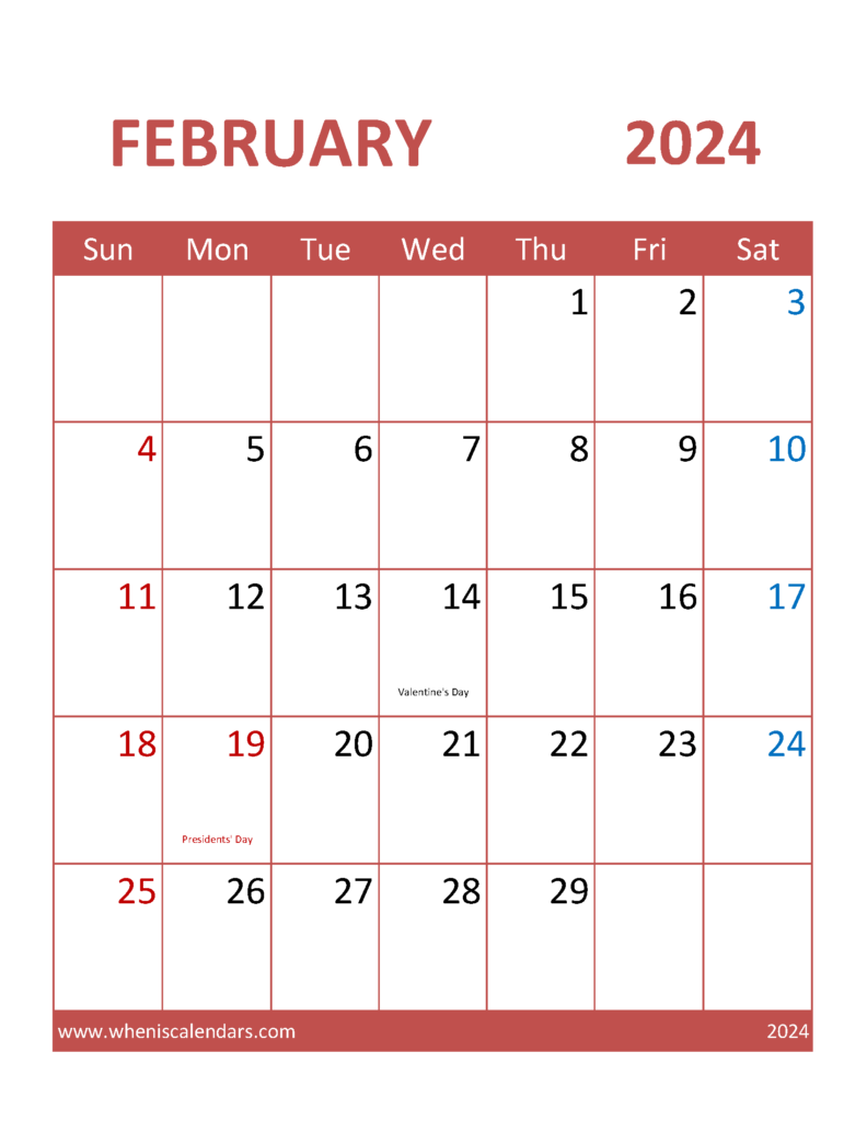 Download February Printable Calendar 2024 Free Letter Vertical 24101