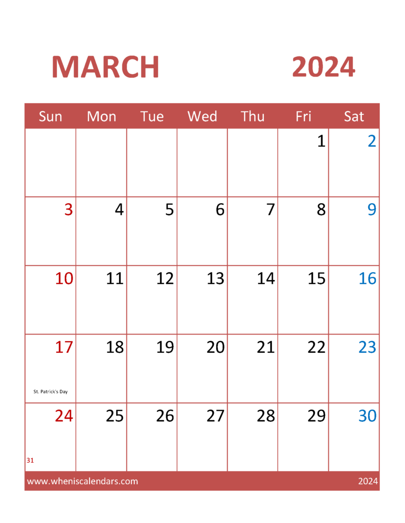 Download March Printable Calendar 2024 Free Letter Vertical 34101