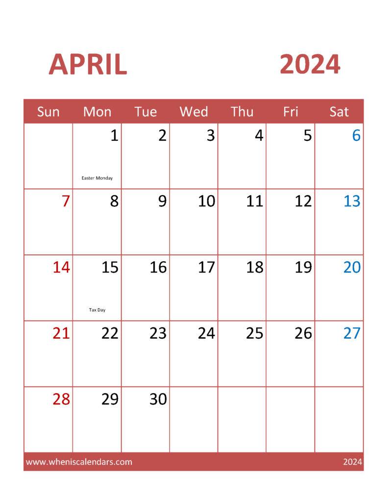 Download April Printable Calendar 2024 Free Letter Vertical 44101