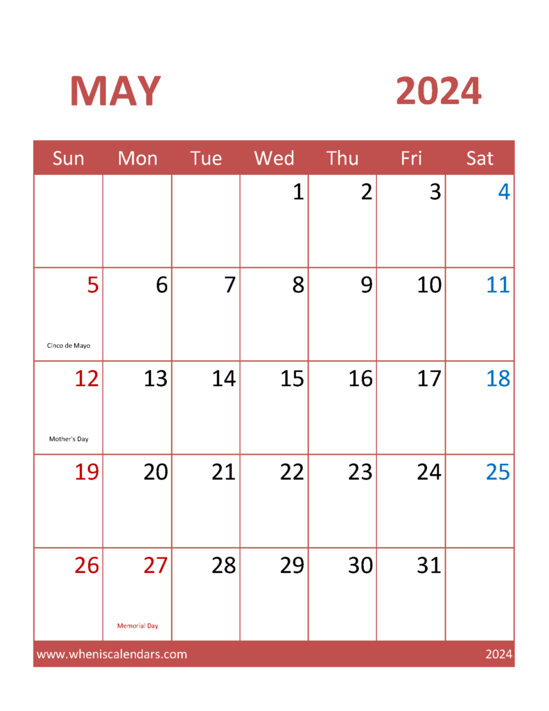 Download May Printable Calendar 2024 Free Letter Vertical 54101