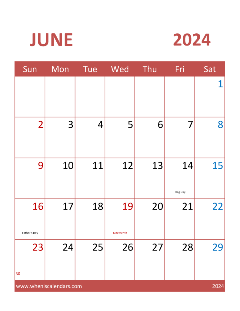 Free Printable Calendar Pages June 2024 J6381