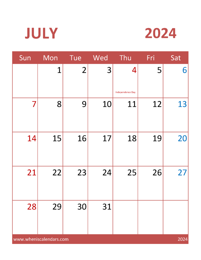 Download July Printable Calendar 2024 Free Letter Vertical 74101