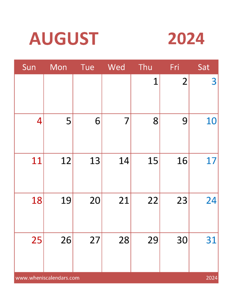 Download August Printable Calendar 2024 Free Letter Vertical 84101