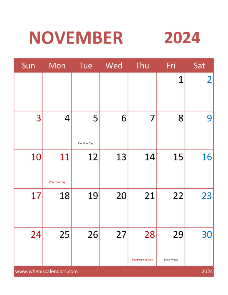 Download November Printable Calendar 2024 Free Letter Vertical 114101