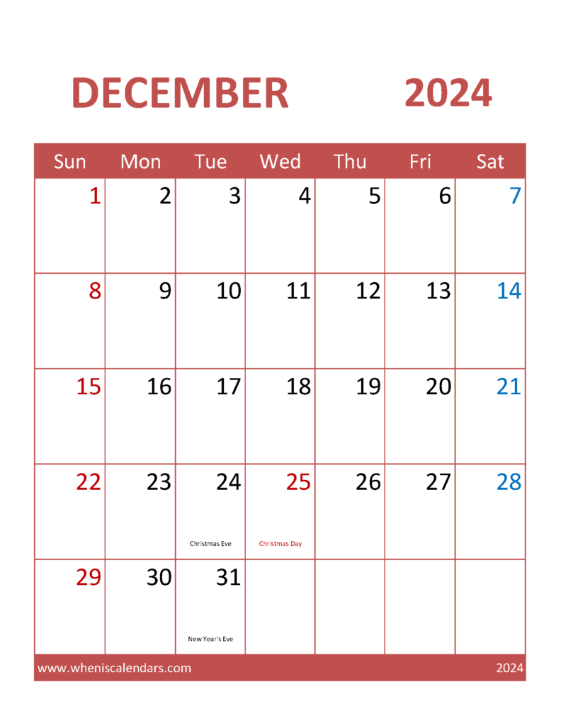 Download December Printable Calendar 2024 Free Letter Vertical 124101