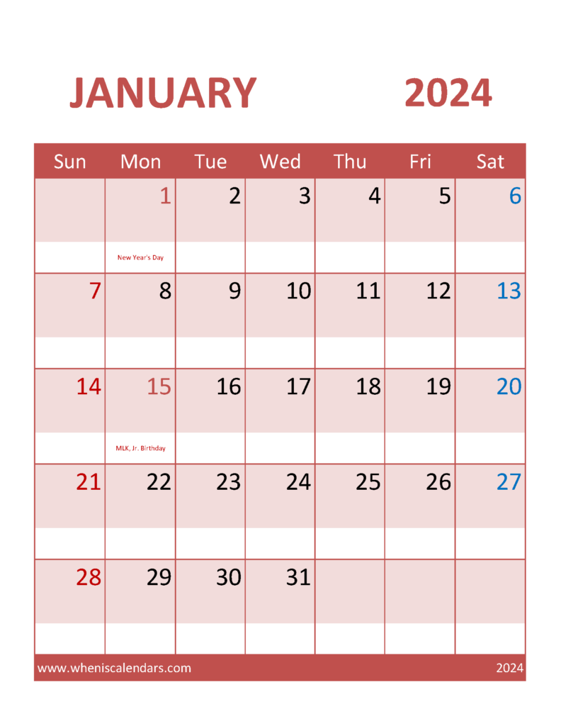 Download January Calendar 2024 Template Letter Vertical J4102