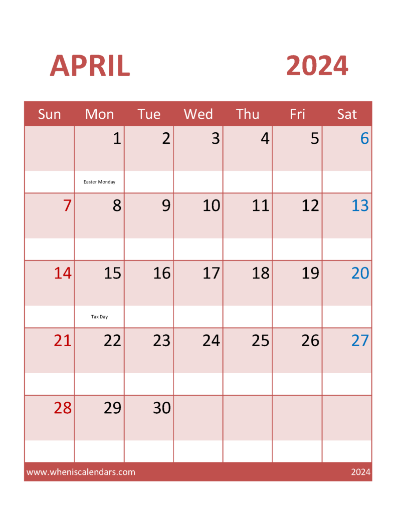Download April Calendar 2024 Template Letter Vertical 44102