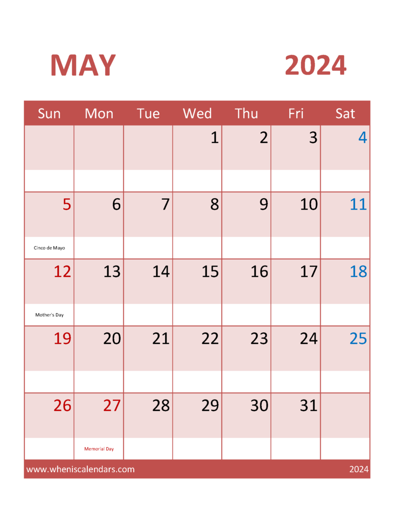 Download May Calendar 2024 Template Letter Vertical 54102