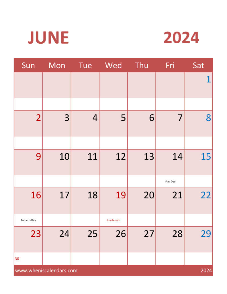 Printable Calendar Free June 2024 J6382