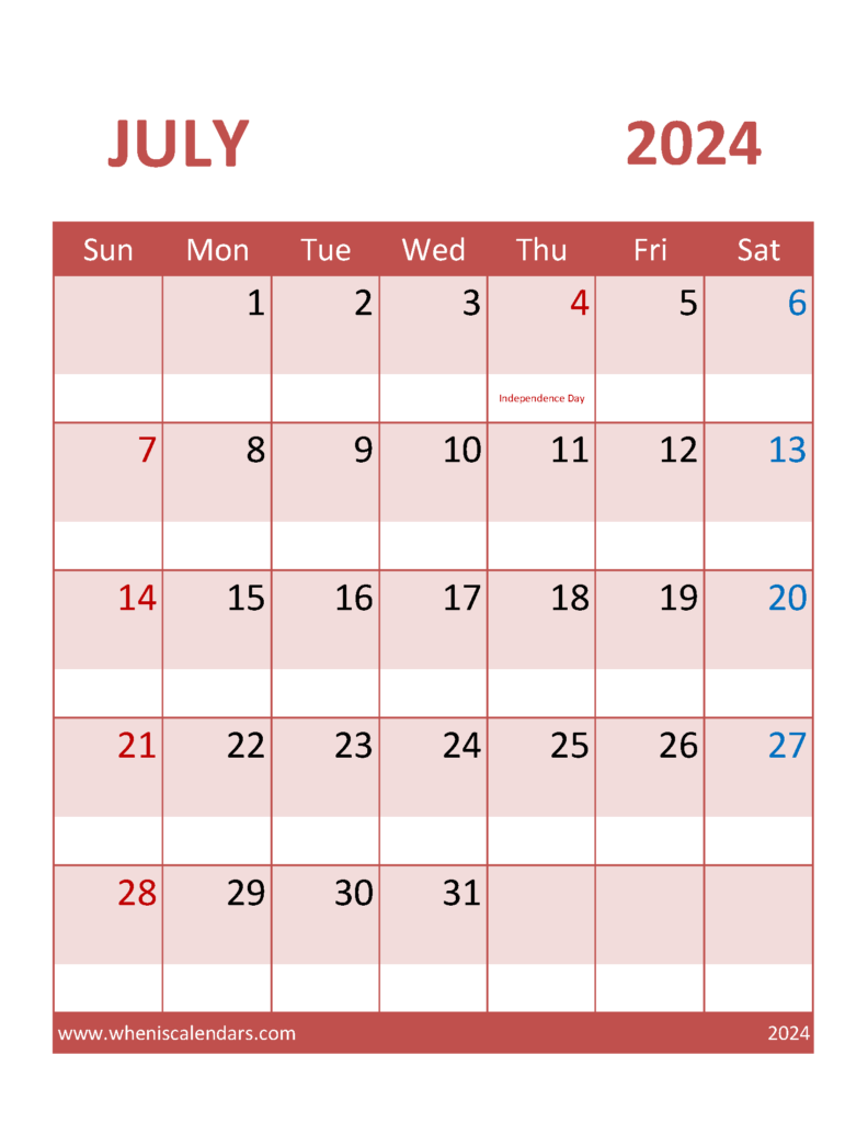 Download July Calendar 2024 Template Letter Vertical 74102