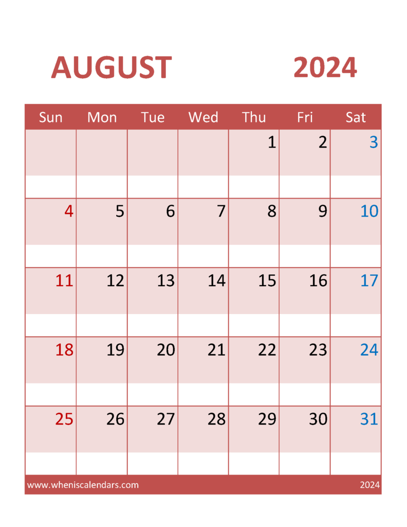 Download August Calendar 2024 Template Letter Vertical 84102