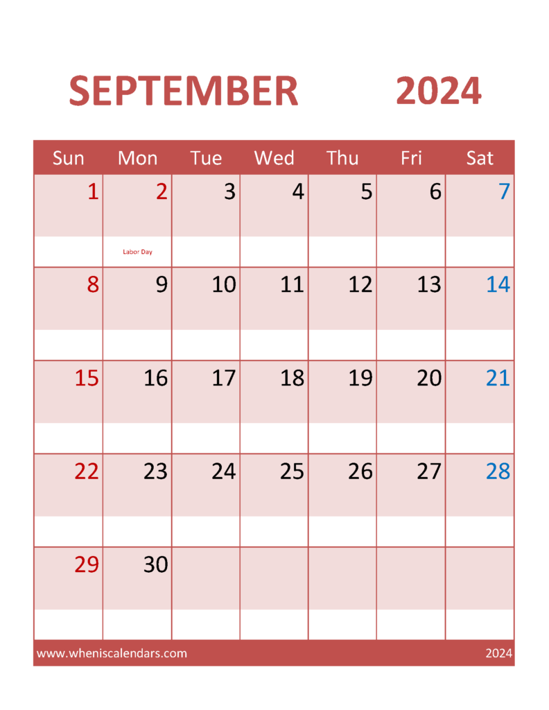 Download September Calendar 2024 Template Letter Vertical 94102