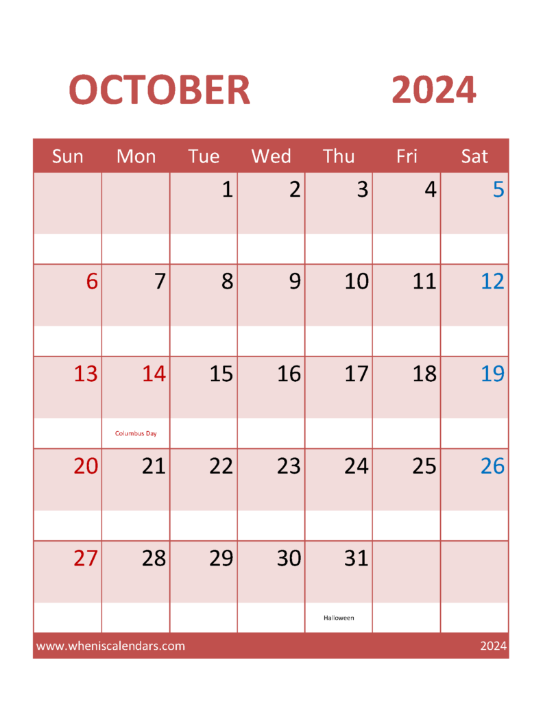 Download October Calendar 2024 Template Letter Vertical 104102