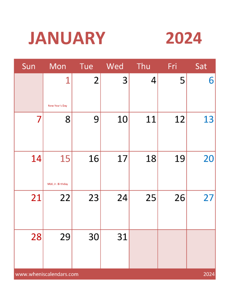 Download print January Calendar 2024 Letter Vertical J4103