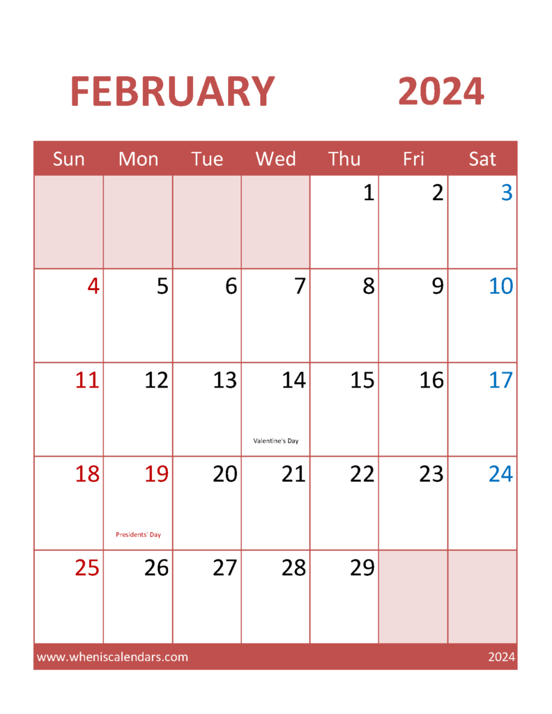 Download print February Calendar 2024 Letter Vertical 24103