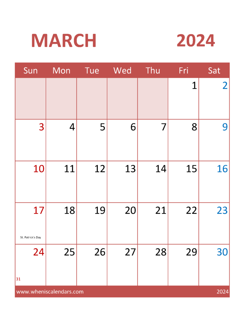 Download print March Calendar 2024 Letter Vertical 34103