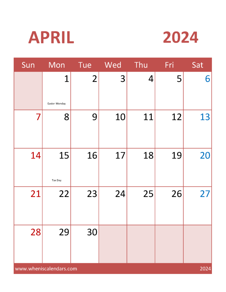 Download print April Calendar 2024 Letter Vertical 44103