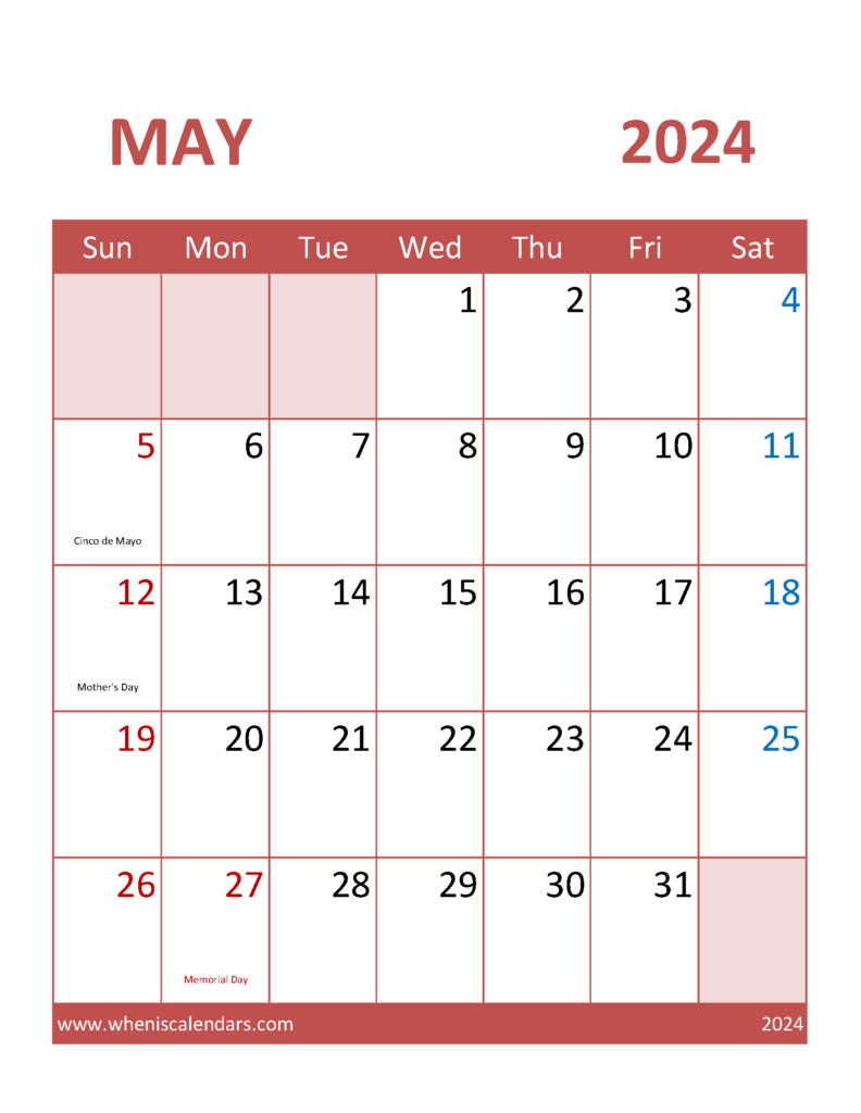 Download print May Calendar 2024 Letter Vertical 54103