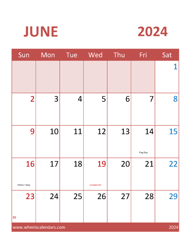 Download print June Calendar 2024 Letter Vertical 64103