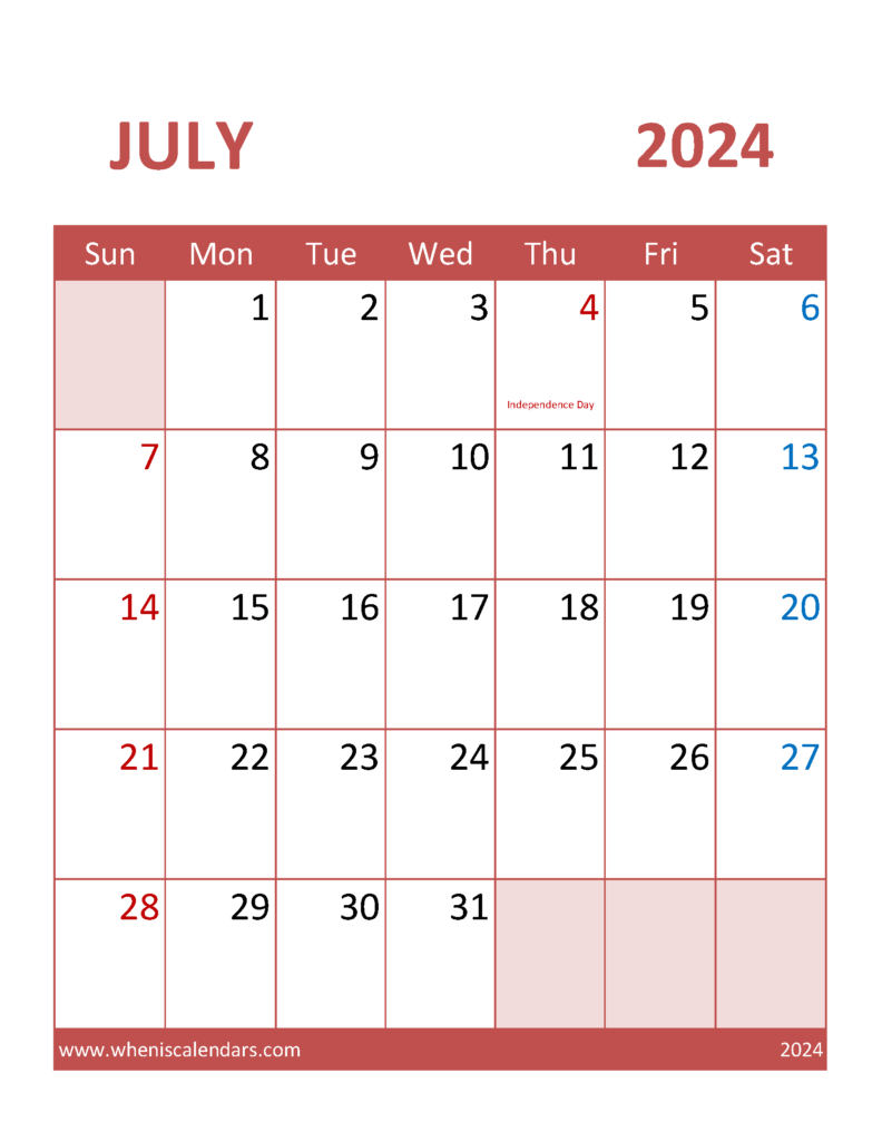 Download print July Calendar 2024 Letter Vertical 74103