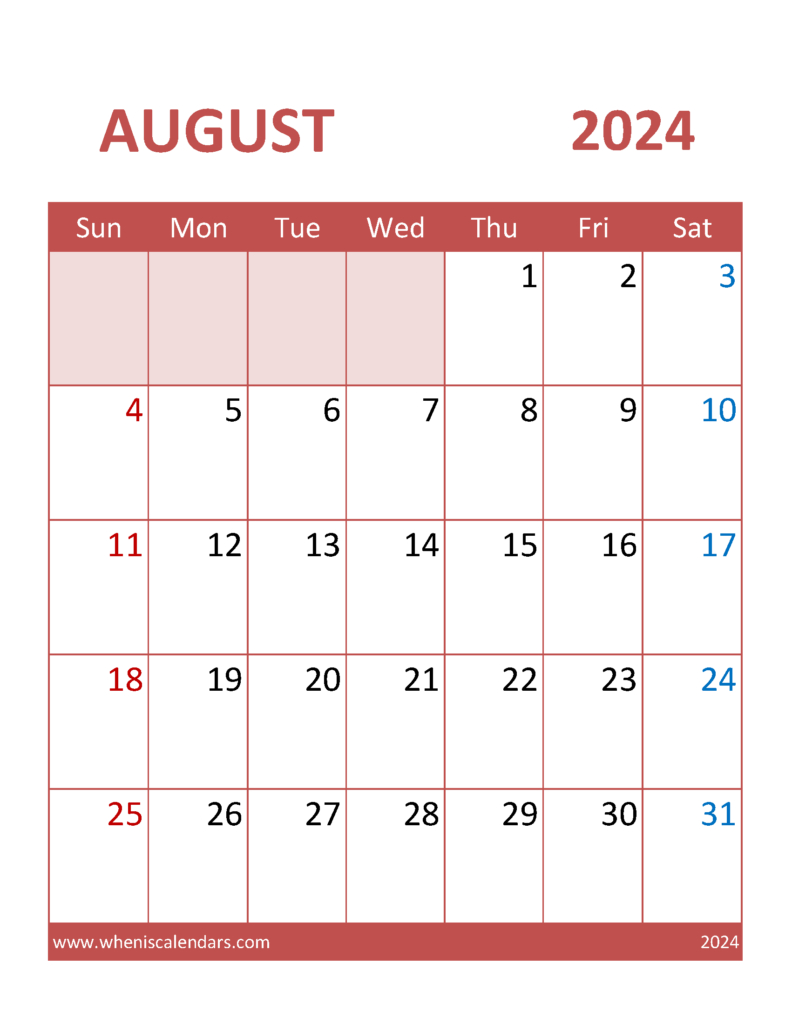 Download print August Calendar 2024 Letter Vertical 84103