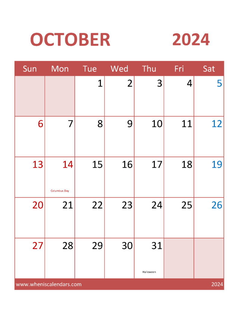 Download print October Calendar 2024 Letter Vertical 104103