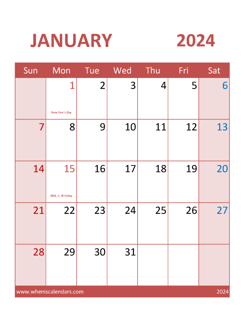 Download print Jan 2024 Calendar Letter Vertical J4104