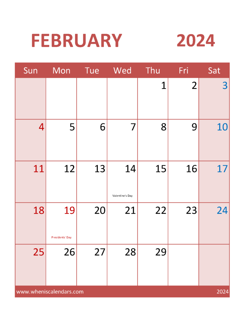 Download print Feb 2024 Calendar Letter Vertical 24104