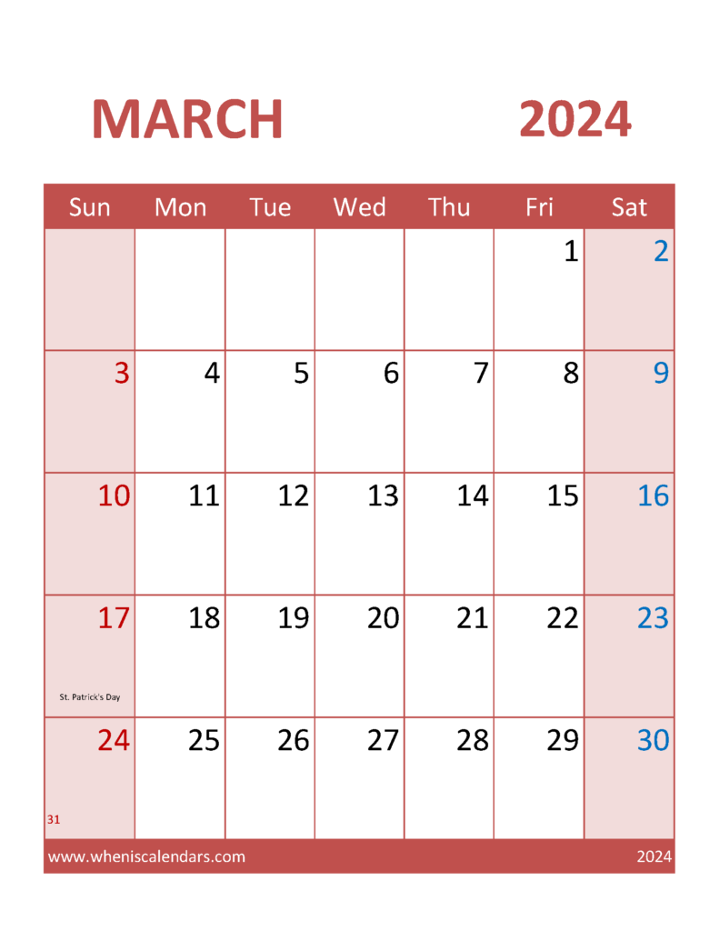Download print Mar 2024 Calendar Letter Vertical 34104